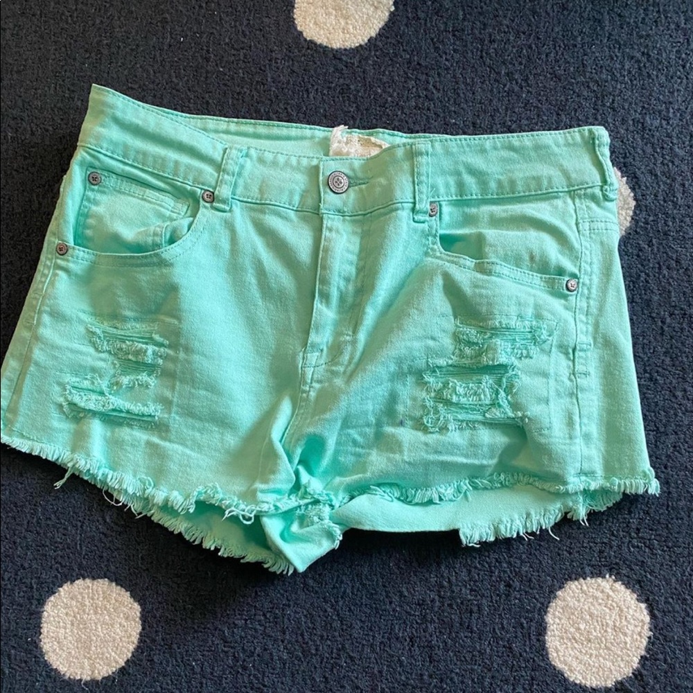 bright teal jean shorts